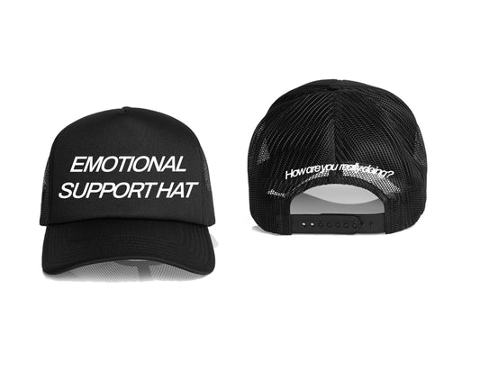 Black cap with 'Emotional Support Hat' text on a white background